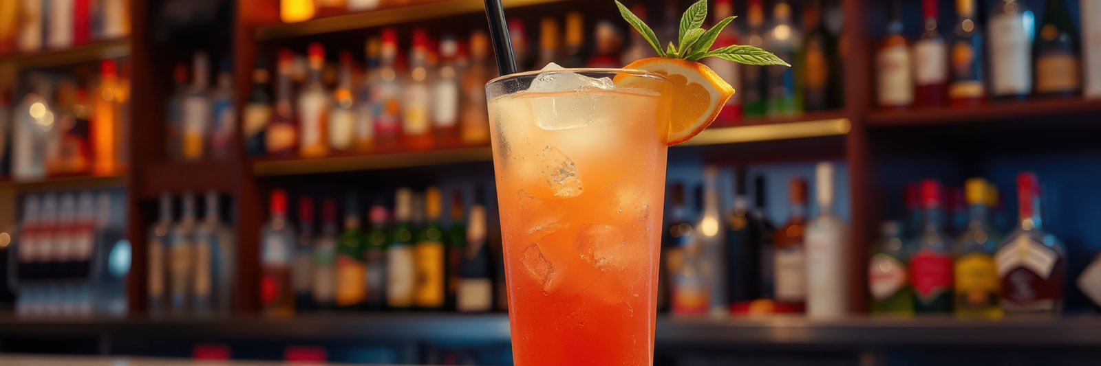 Refreshing cocktail served in a tall glass at a vibrant bar in the evening